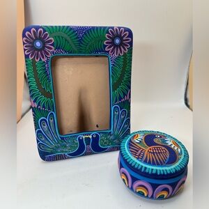 Colorful Clay Picture Frame (Birds) Folk Art and Matching Trinket Box
